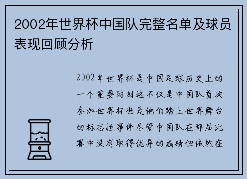 2002年世界杯中国队完整名单及球员表现回顾分析