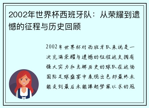 2002年世界杯西班牙队：从荣耀到遗憾的征程与历史回顾