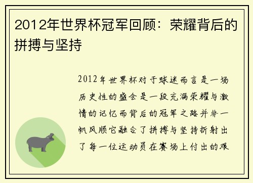 2012年世界杯冠军回顾：荣耀背后的拼搏与坚持