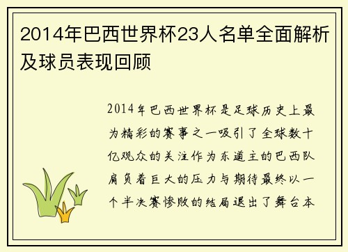 2014年巴西世界杯23人名单全面解析及球员表现回顾