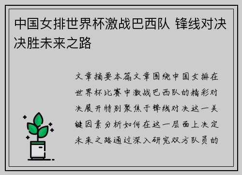 中国女排世界杯激战巴西队 锋线对决决胜未来之路