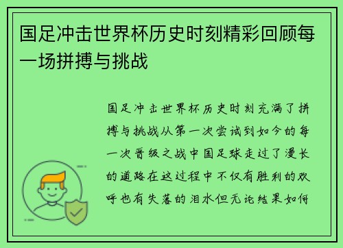 国足冲击世界杯历史时刻精彩回顾每一场拼搏与挑战