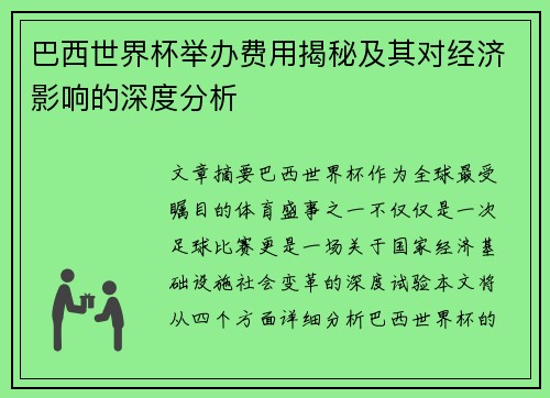 巴西世界杯举办费用揭秘及其对经济影响的深度分析