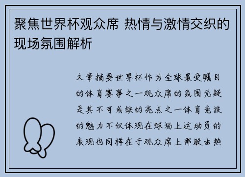 聚焦世界杯观众席 热情与激情交织的现场氛围解析