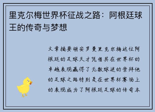 里克尔梅世界杯征战之路：阿根廷球王的传奇与梦想