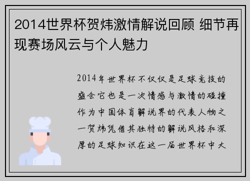 2014世界杯贺炜激情解说回顾 细节再现赛场风云与个人魅力
