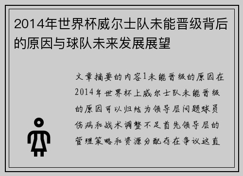 2014年世界杯威尔士队未能晋级背后的原因与球队未来发展展望
