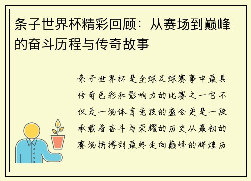 条子世界杯精彩回顾：从赛场到巅峰的奋斗历程与传奇故事