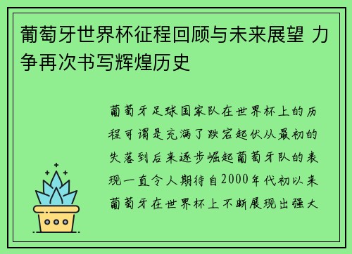 葡萄牙世界杯征程回顾与未来展望 力争再次书写辉煌历史